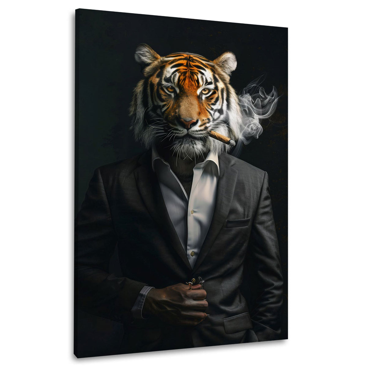 Wandbild Tiger im schwarzen Anzug mit Rauchschwaden als Porträt auf Leinwand