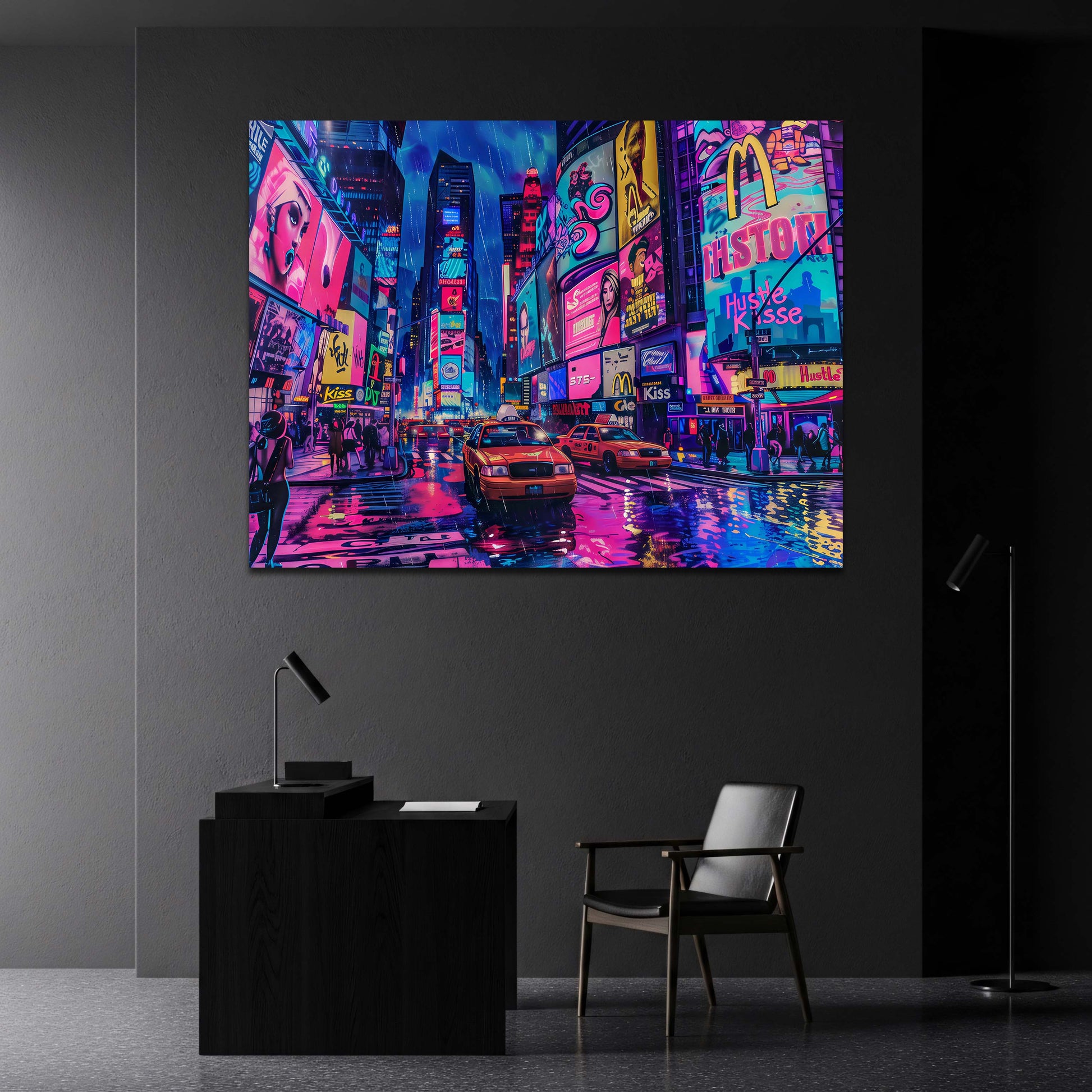Times Square im Regen Neon Graffiti Wandbild