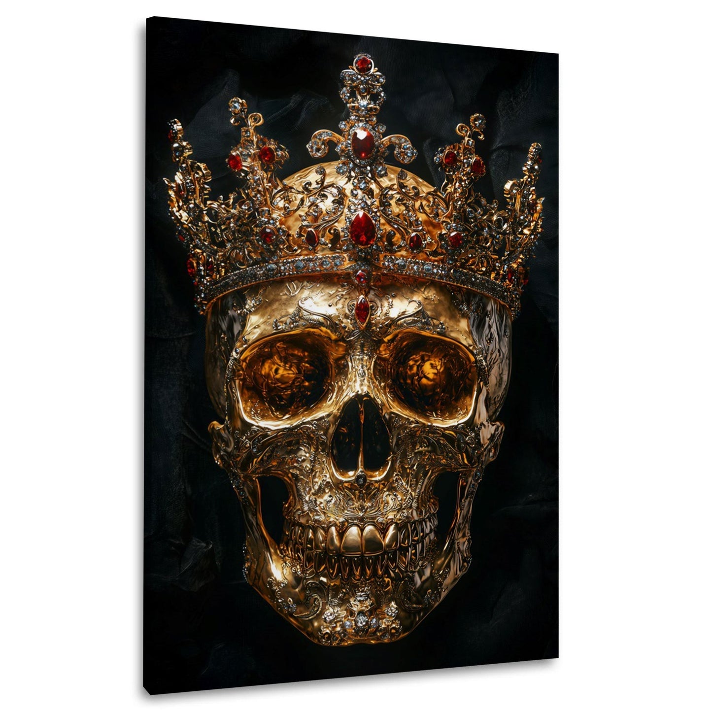 Goldener Totenkopf mit juwelenbesetzter Krone und Rubinen – Wandbild im Hochformat