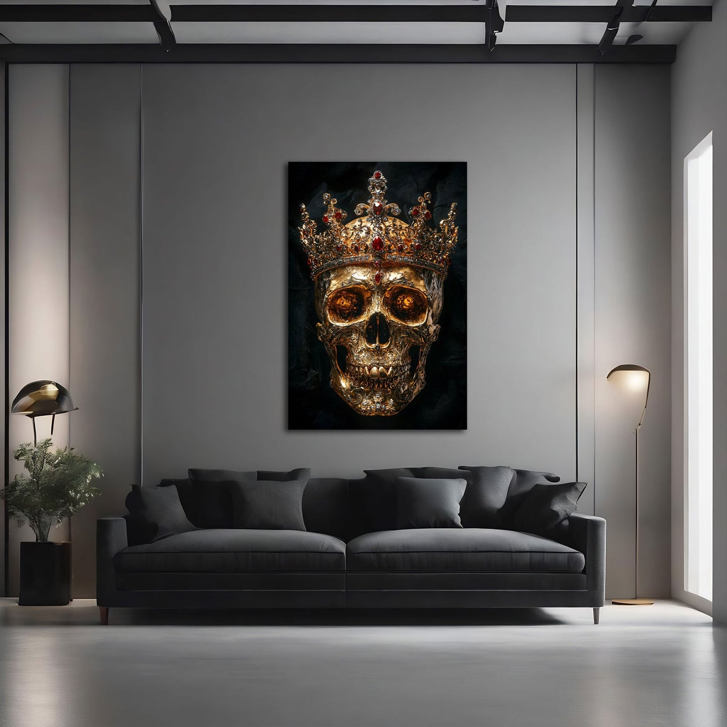 Luxuriöses Totenkopf-Wandbild in Gold im modernen Büro