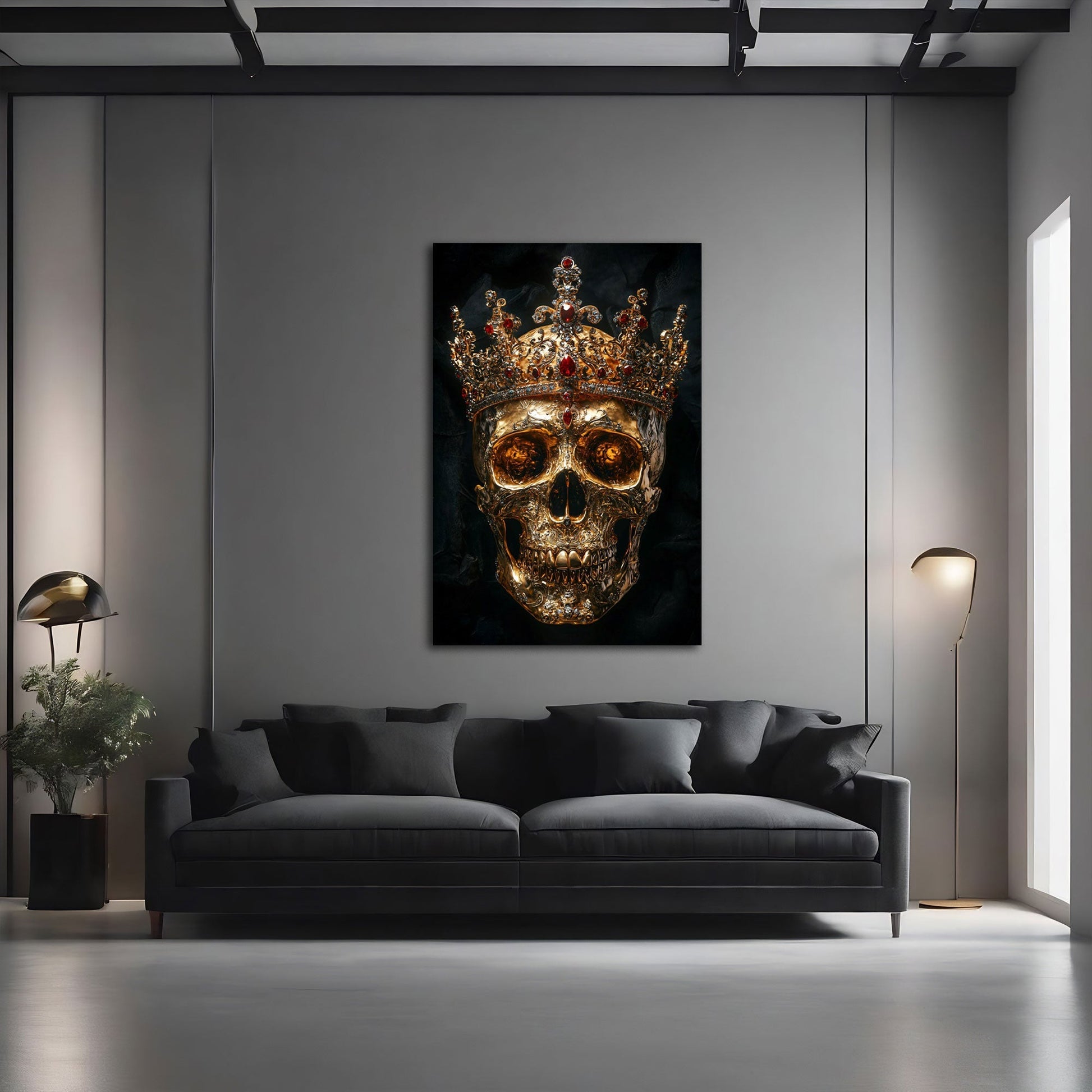 Luxuriöses Totenkopf-Wandbild in Gold im modernen Büro