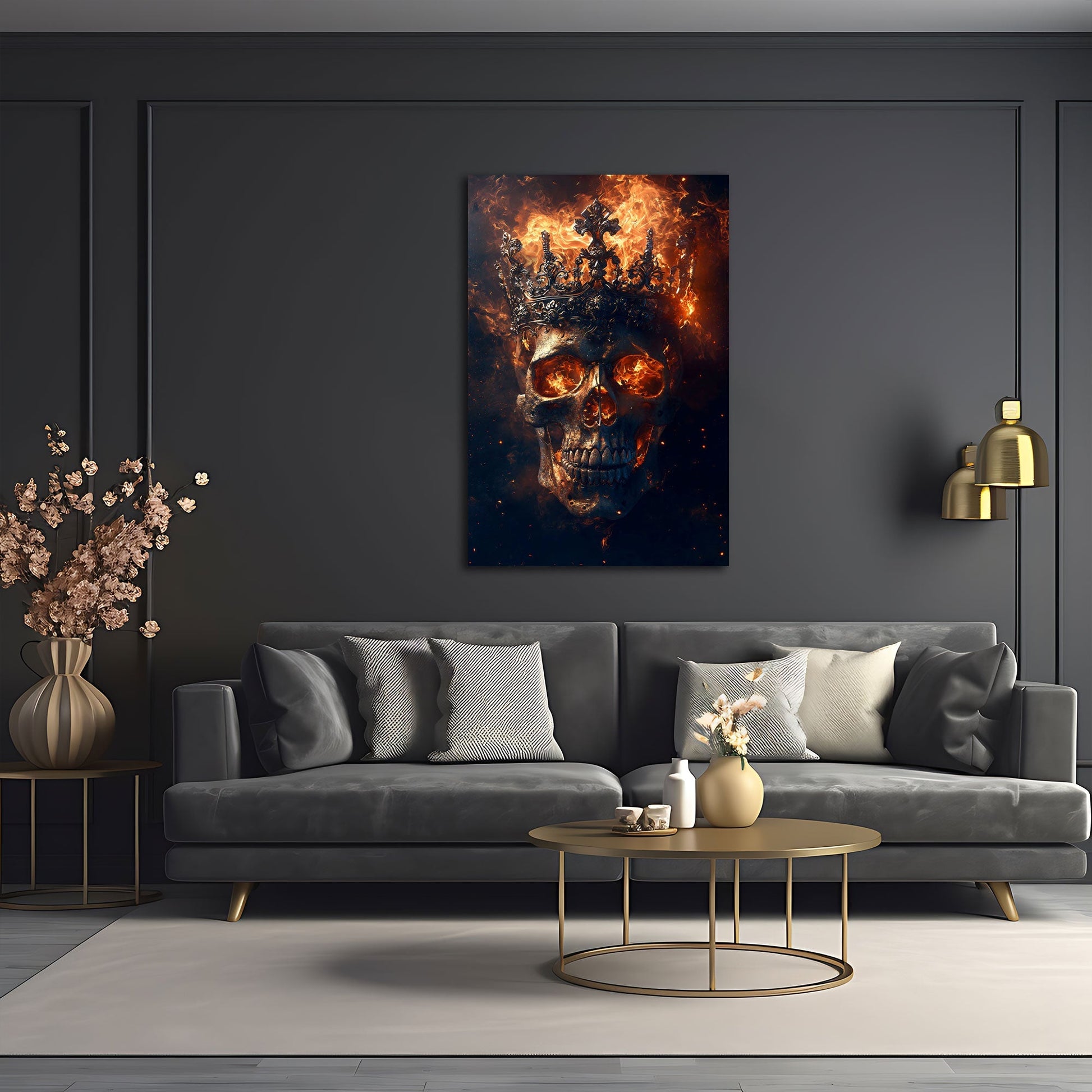 Totenkopf Wandbild mit Feuer über dem Sofa im Wohnzimmer
