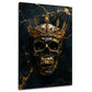 Totenkopf mit goldener Krone und Flammen auf schwarzem Marmor – Wandbild im Hochformat