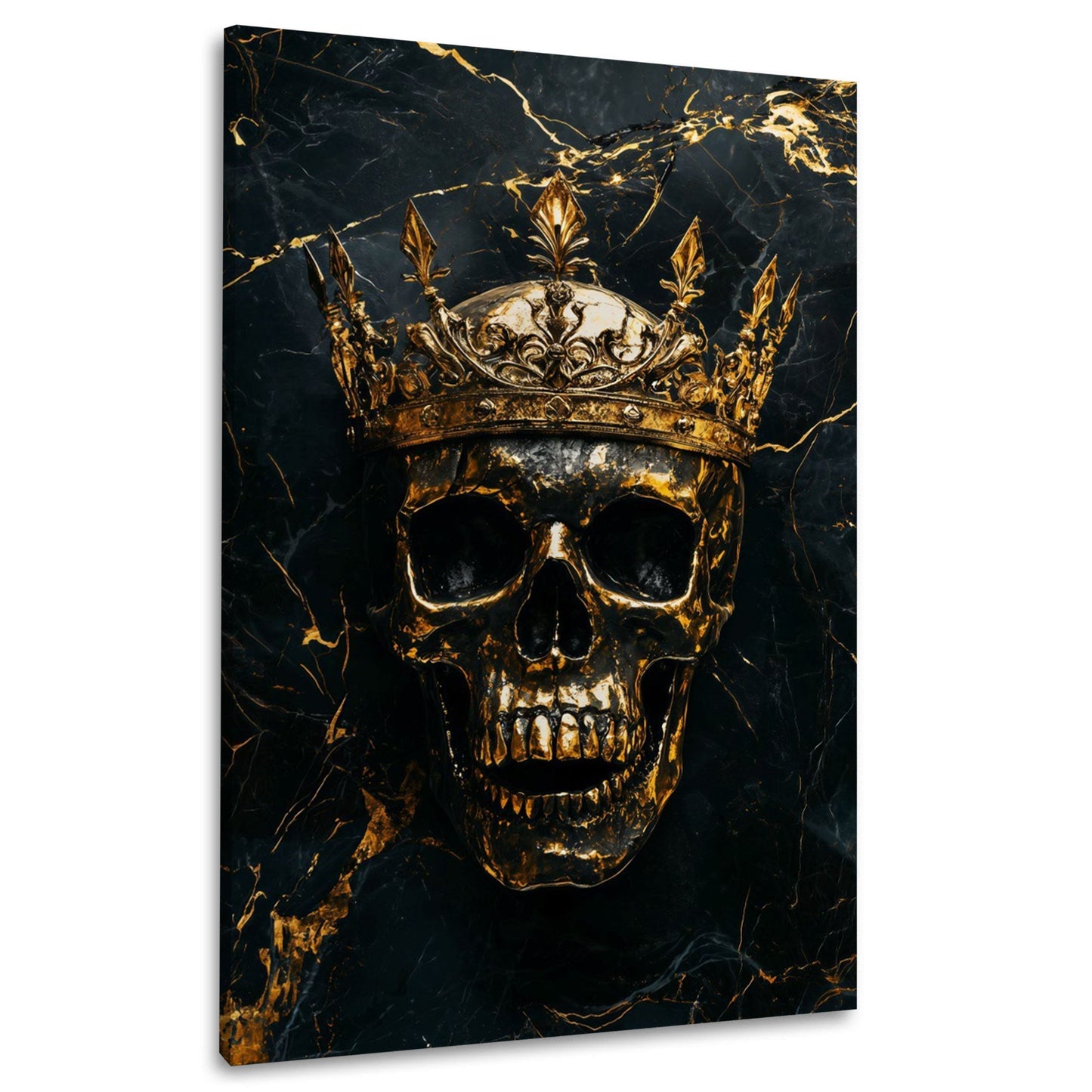 Totenkopf mit goldener Krone und Flammen auf schwarzem Marmor – Wandbild im Hochformat