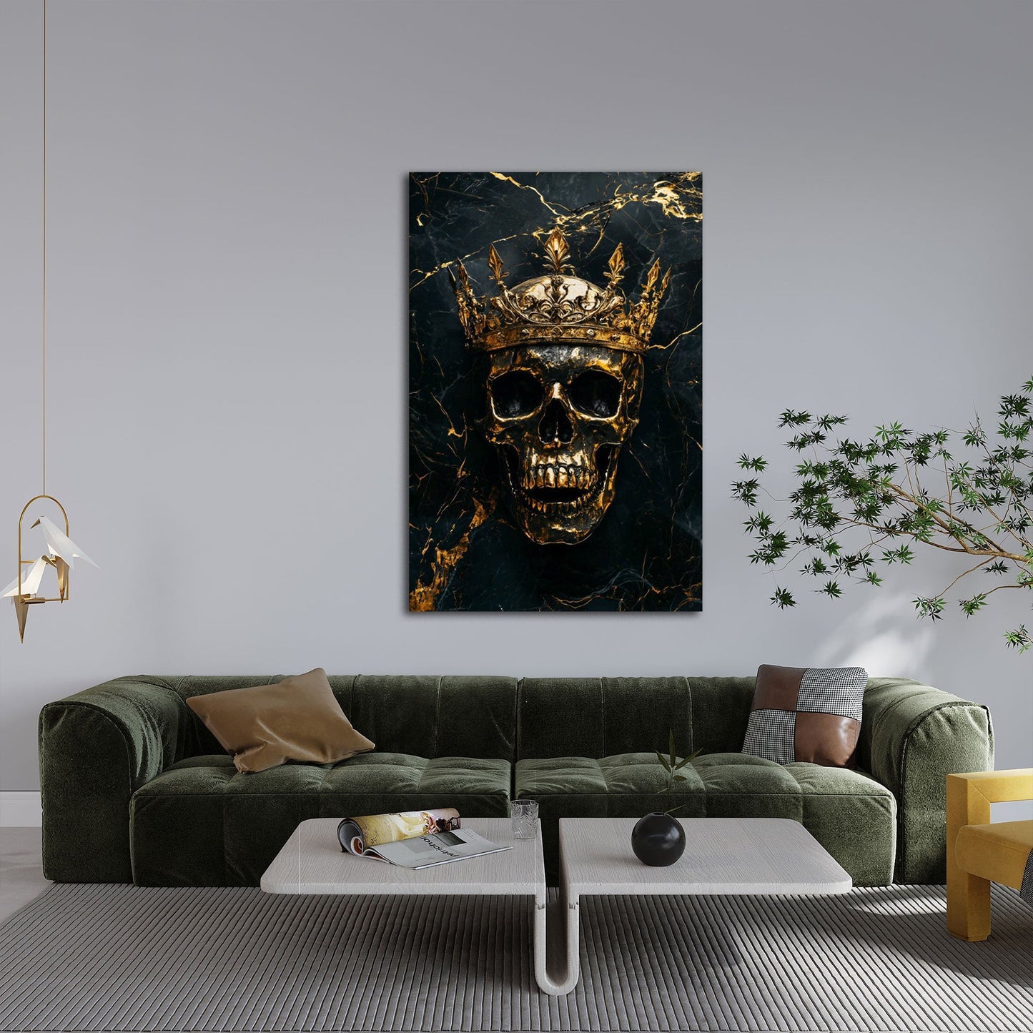 Totenkopf Wandbild mit Krone als Blickfang im modernen Schlafzimmer