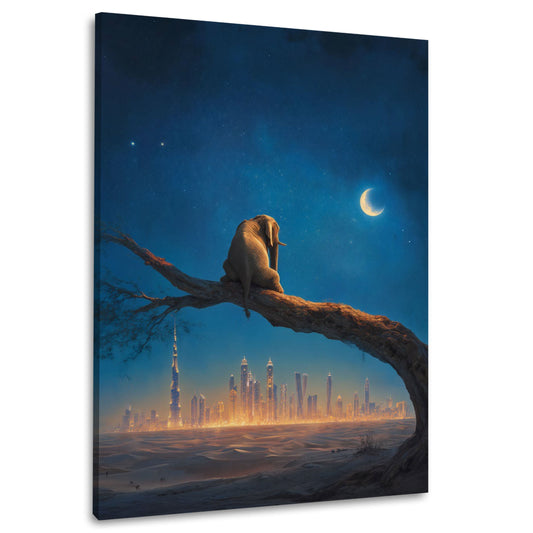 Träumender Elefant mit Halbmond über Skyline Wandbild