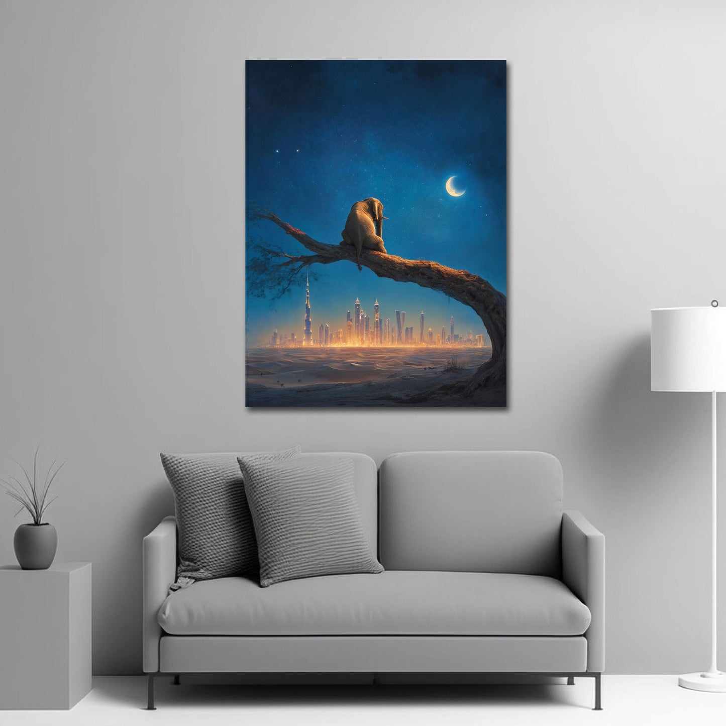 Träumender Elefant mit Halbmond über Skyline Wandbild