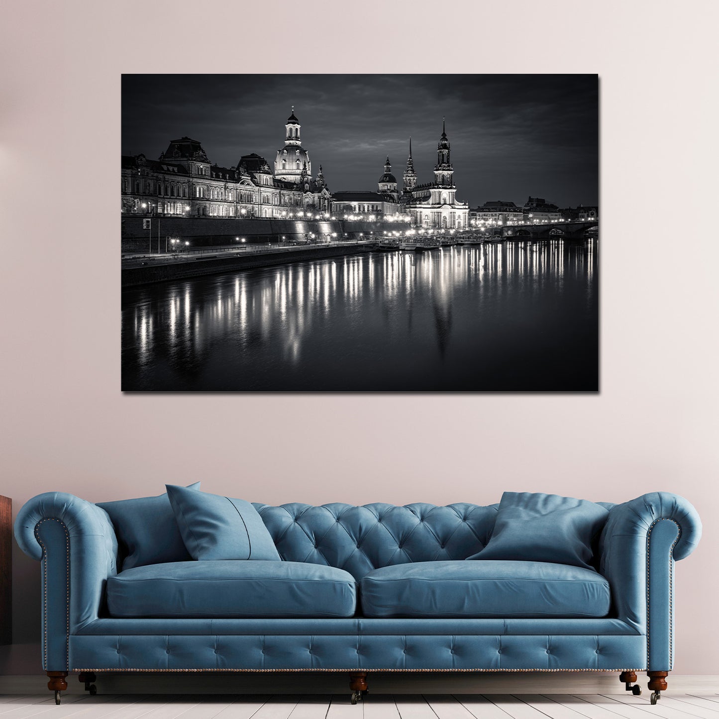 Uferpromenade Elbe Dresden Abendlicht schwarz weiß Wandbild