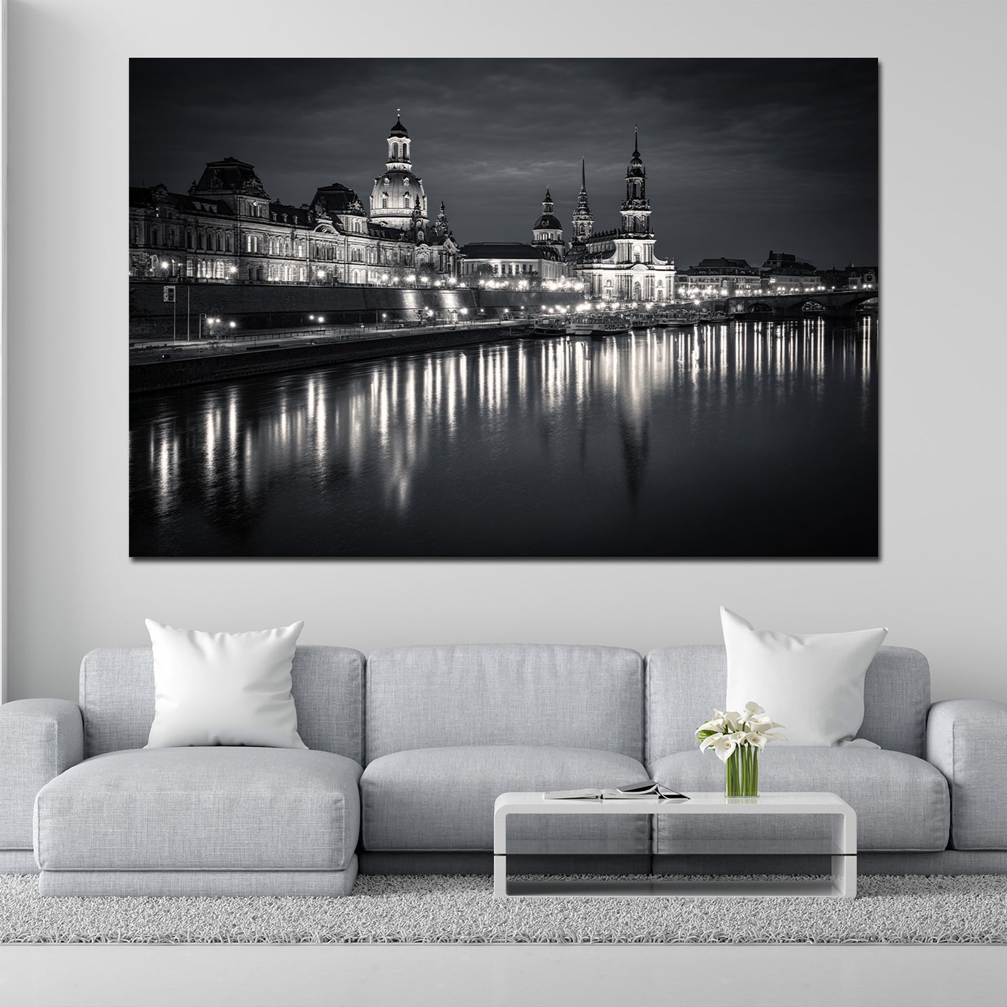 Uferpromenade Elbe Dresden Abendlicht schwarz weiß Wandbild