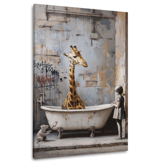 Graffiti Kunst Mädchen vor Badewanne mit Giraffe und Ratte Wandbild