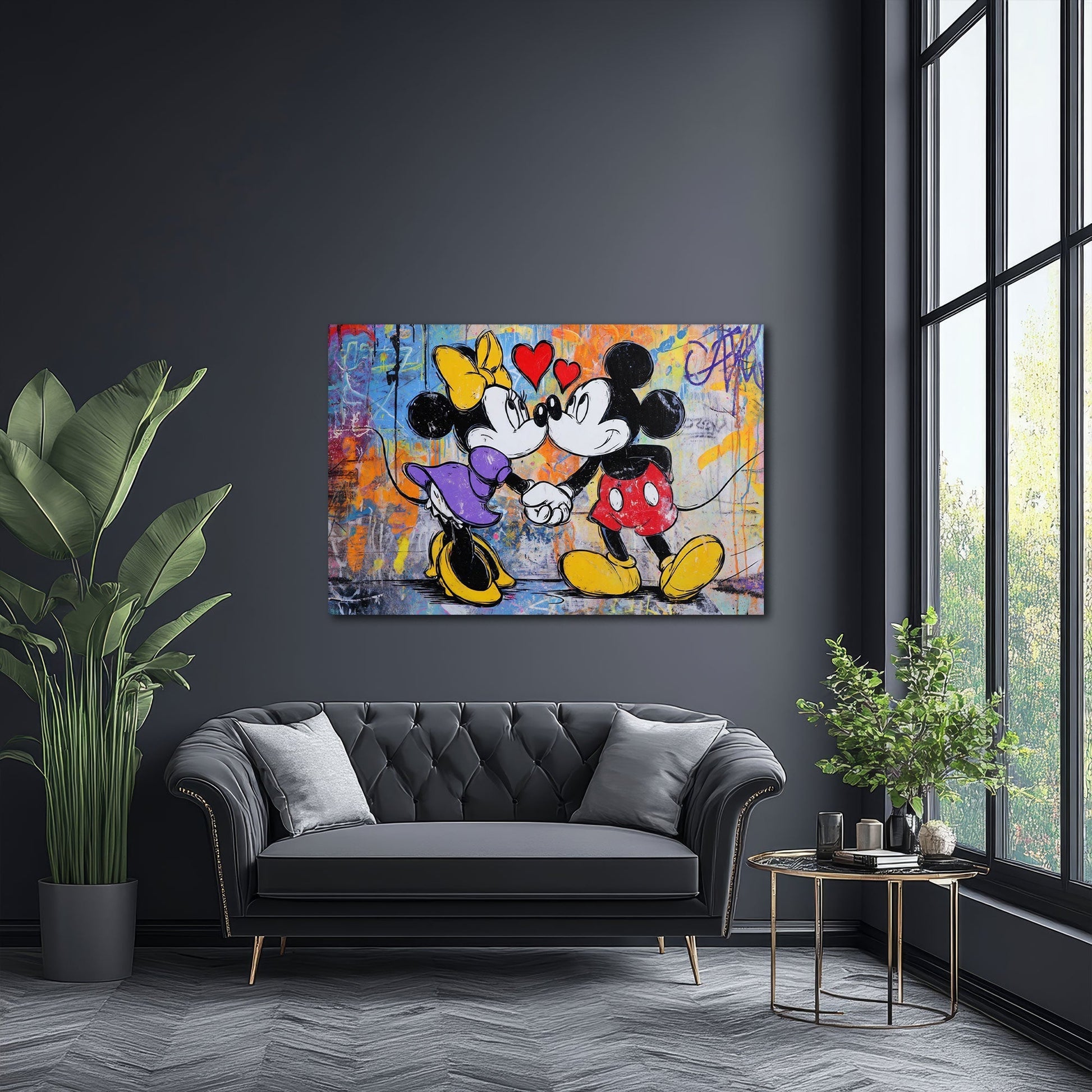 Mäusepaar Wandbild im Graffiti-Stil über dem Sofa im Wohnzimmer