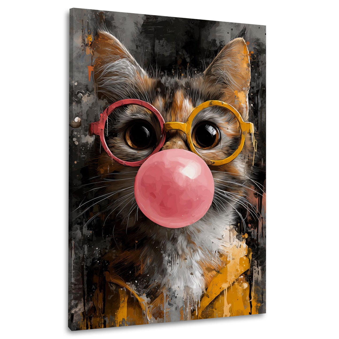 Verspielte Pop Art Katze mit großer rosa Kaugummiblase Wandbild