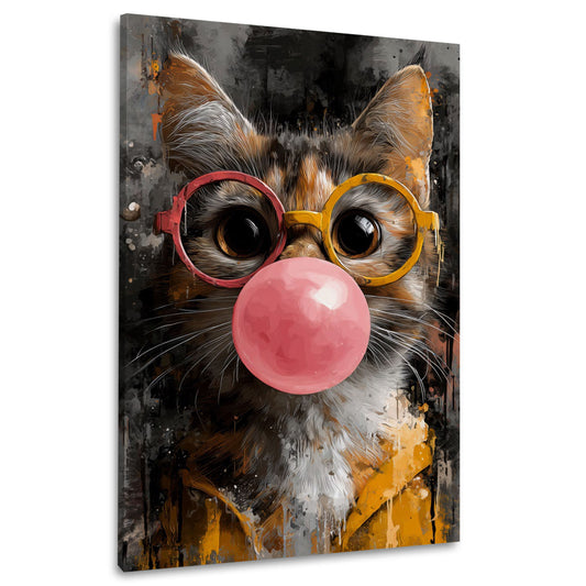 Verspielte Pop Art Katze mit großer rosa Kaugummiblase Wandbild