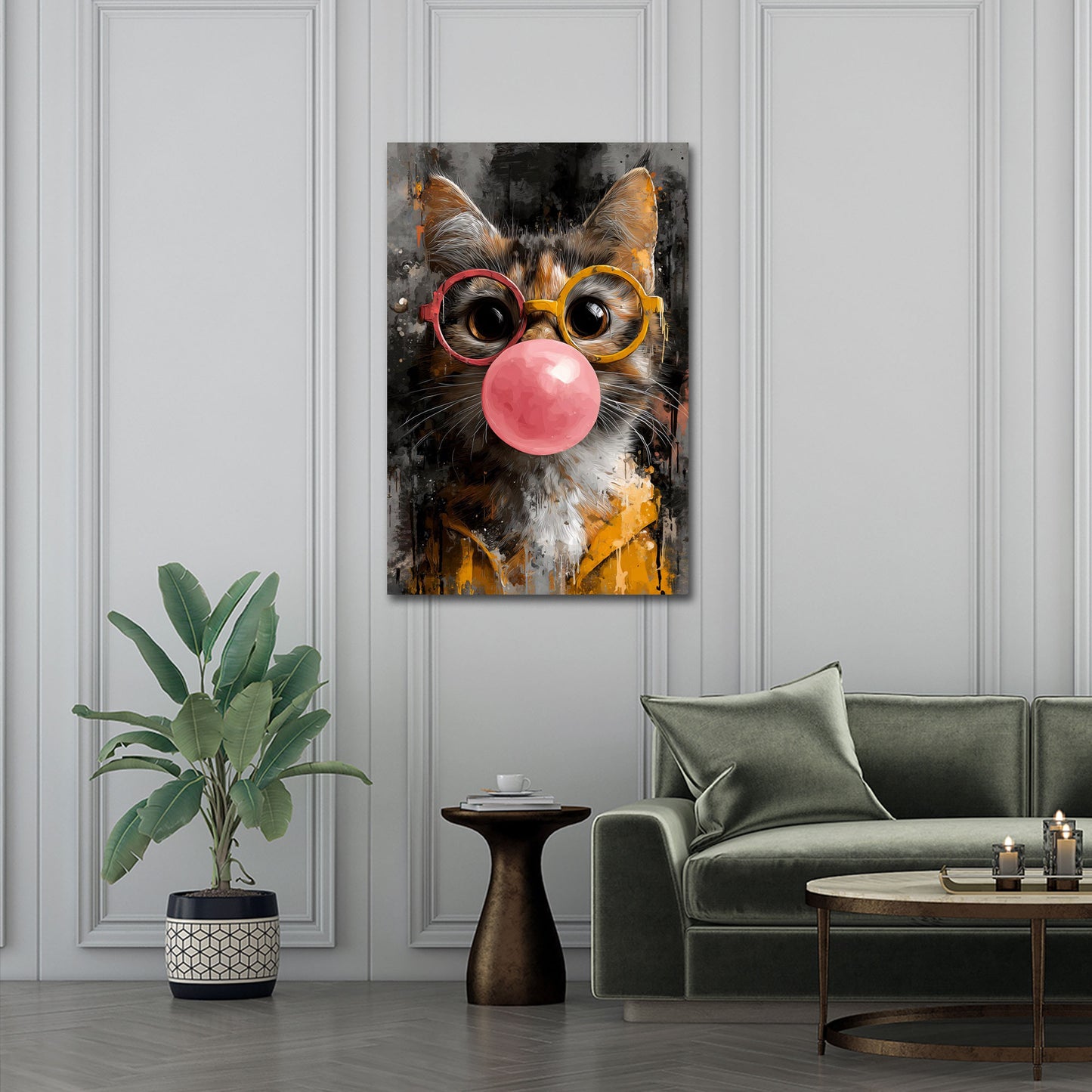 Verspielte Pop Art Katze mit großer rosa Kaugummiblase Wandbild