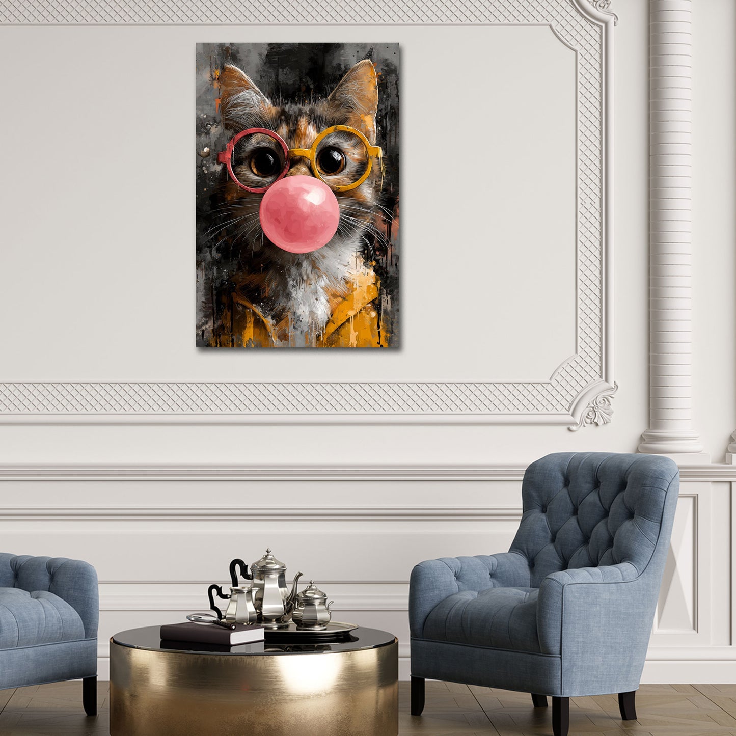 Verspielte Pop Art Katze mit großer rosa Kaugummiblase Wandbild