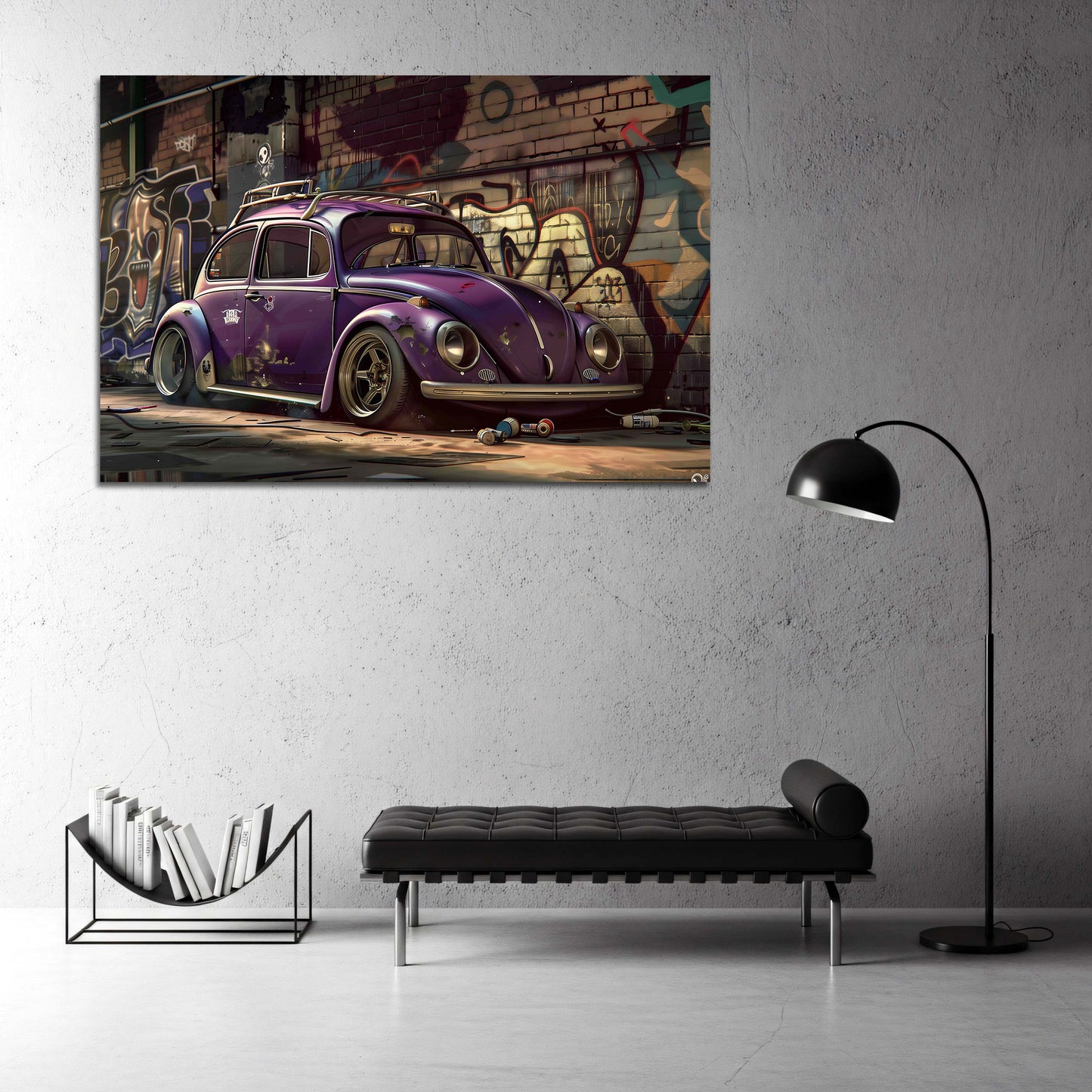 Vintage Auto Graffiti Szene mit Retro VW Käfer Wandbild