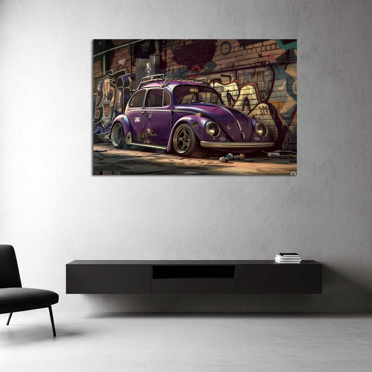 Vintage Auto Graffiti Szene mit Retro VW Käfer Wandbild