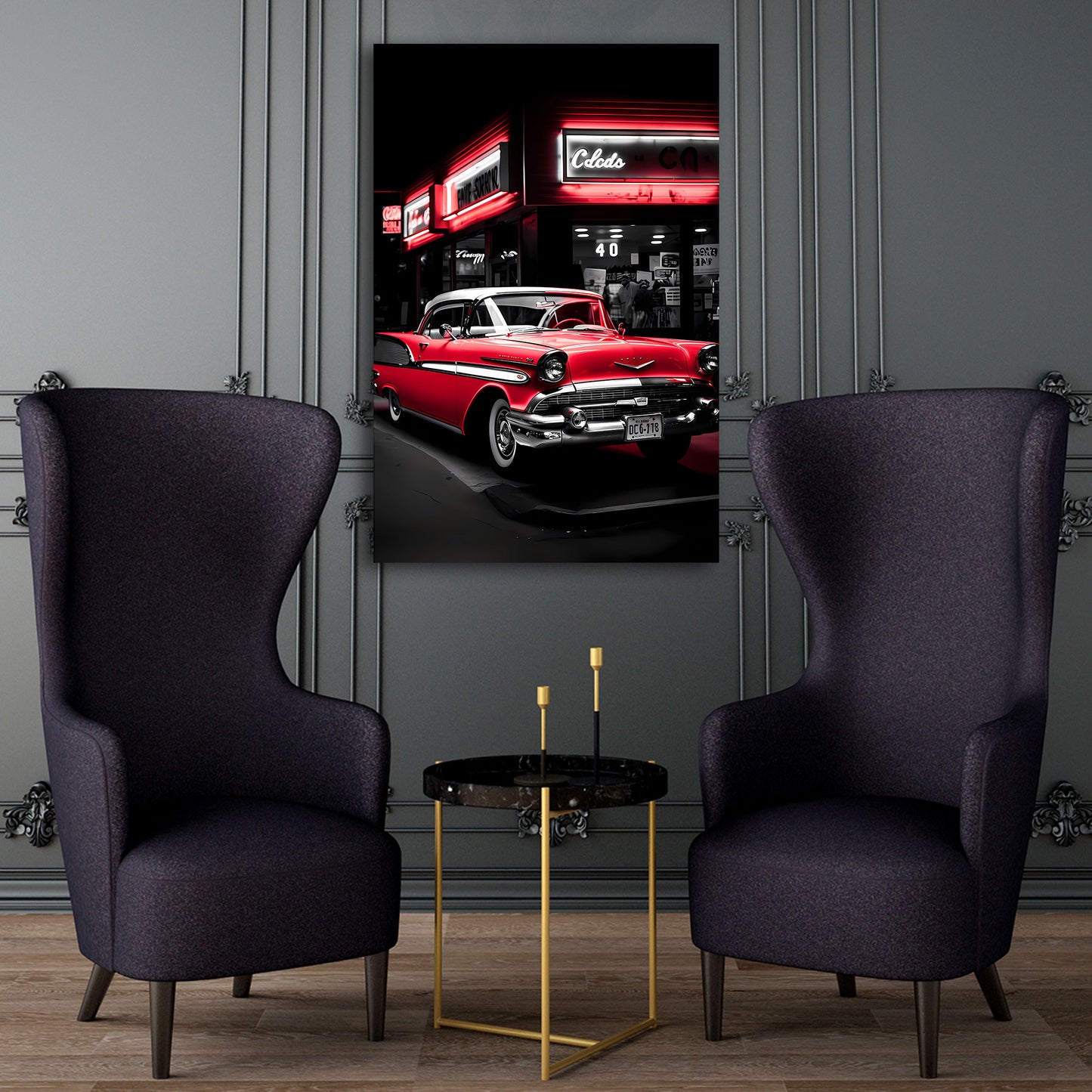 Vintage Auto vor Retro Café Nachtaufnahme Wandbild