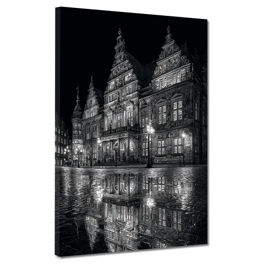 Wahrzeichen Rathaus Bremen Spiegelung schwarz weiß Wandbild