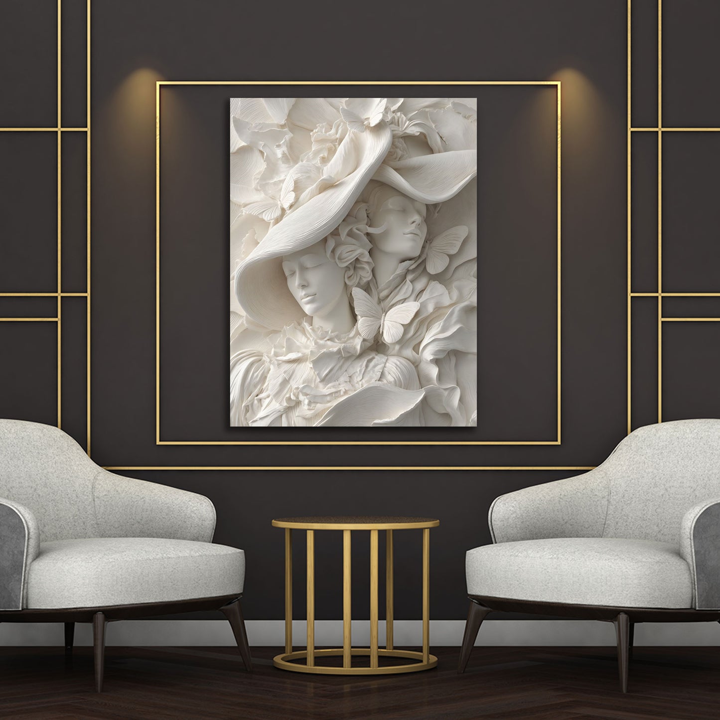 Weibliche Skulptur mit Hut Schmetterlinge abstrakt Relief Wandbild