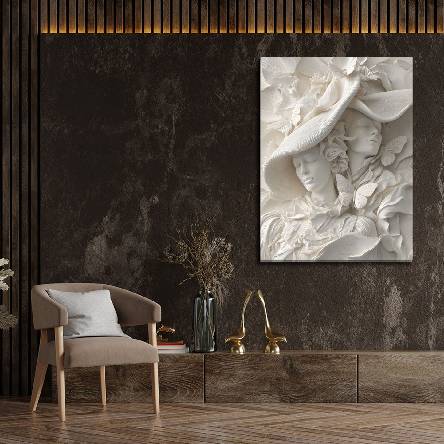 Weibliche Skulptur mit Hut Schmetterlinge abstrakt Relief Wandbild