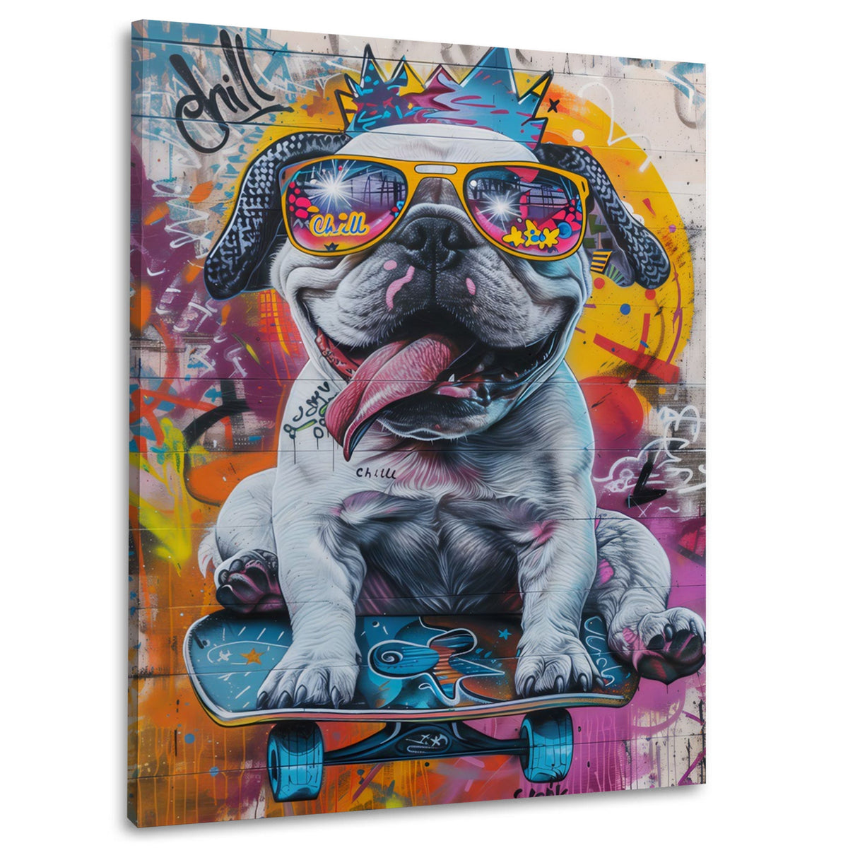 Wandbild weiße Bulldogge mit bunter Brille auf Skateboard vor Graffitiwand