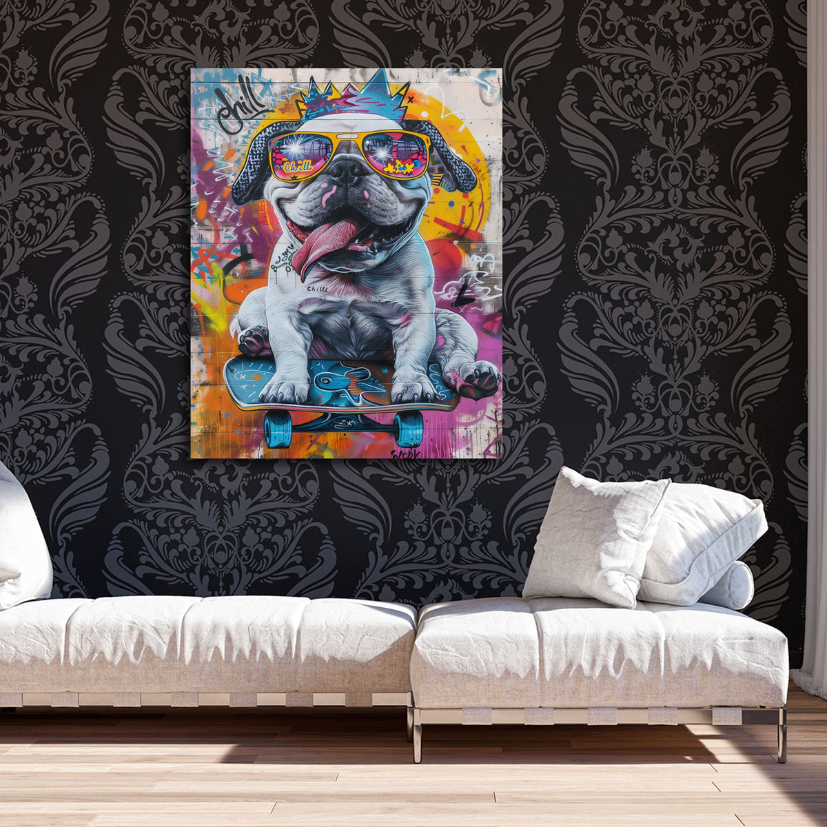Buntes Hunde Wandbild im Hochformat im Kinderzimmer