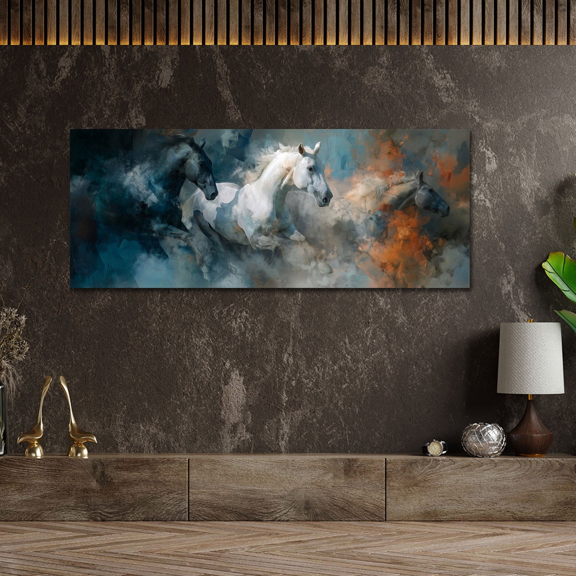 Weiße und schwarze Pferde in dynamischer Malerei Wandbild