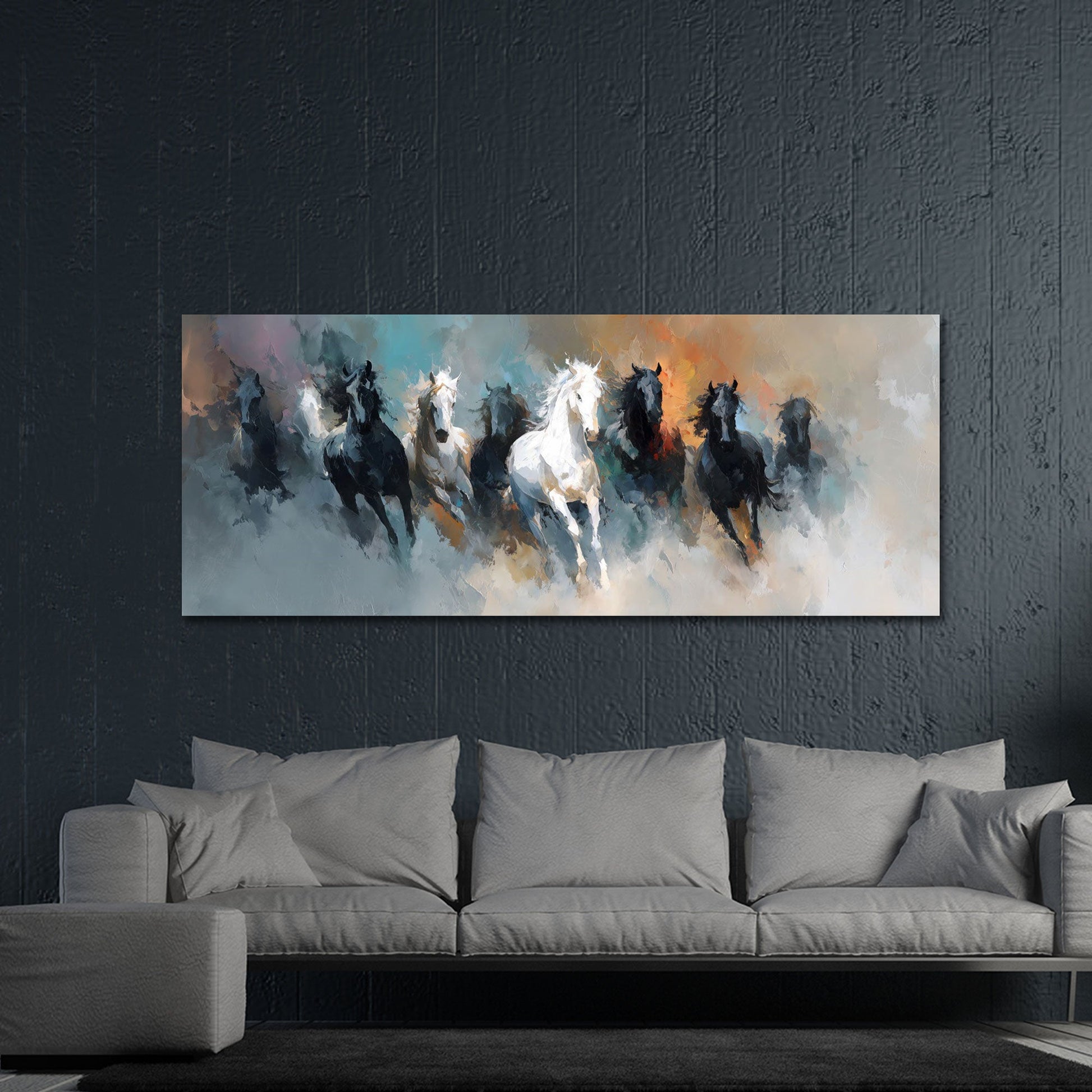 Weiße und schwarze Pferde voller Dynamik Wandbild