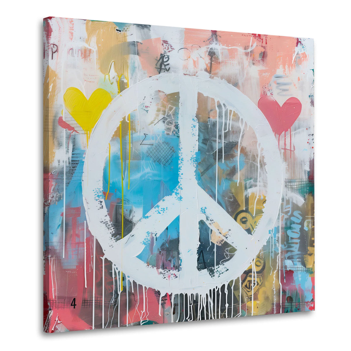 Wandbild weißes Peace Symbol mit Herzen auf bunter Graffitiwand