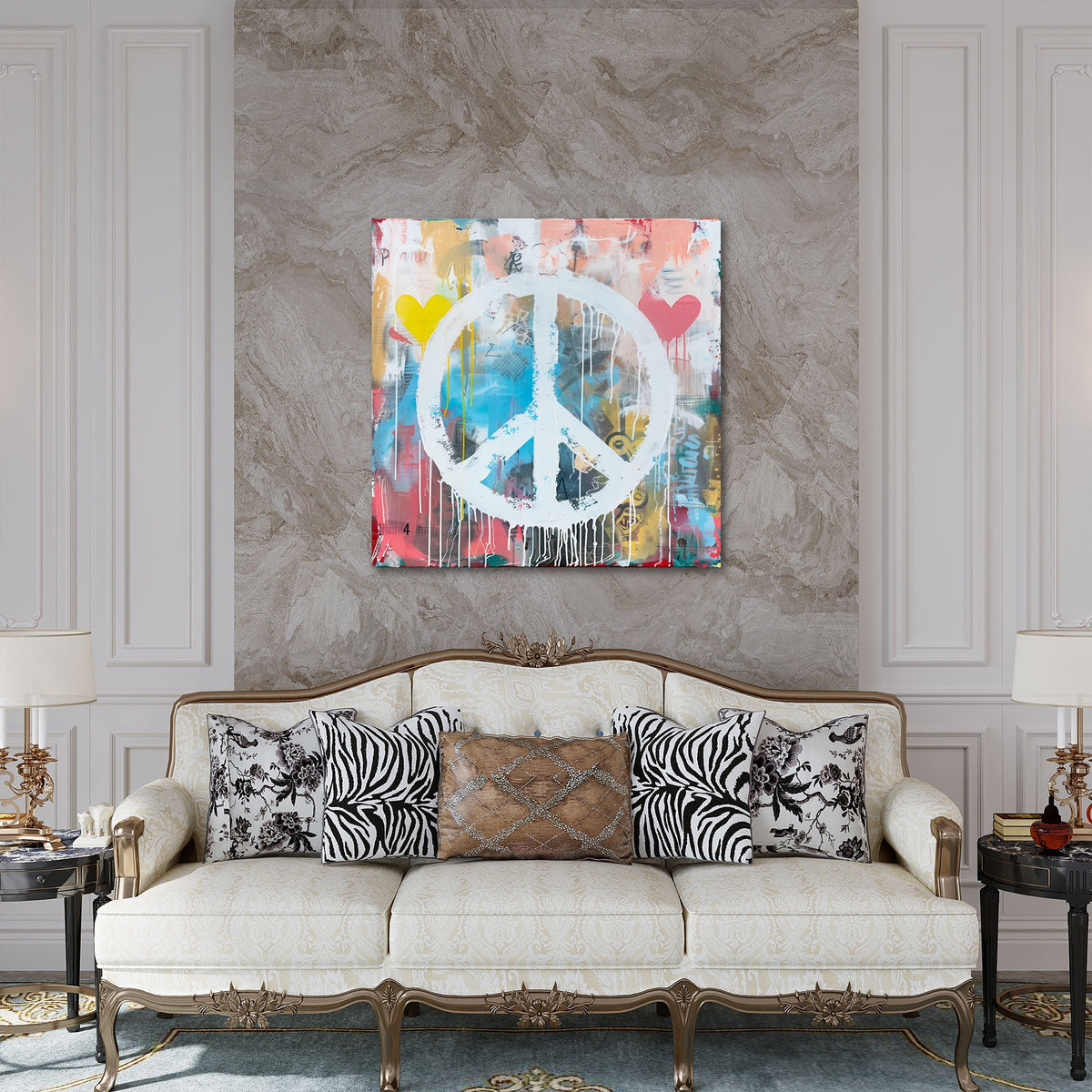 Quadratisches Street Art Wandbild im modernen Wohnraum