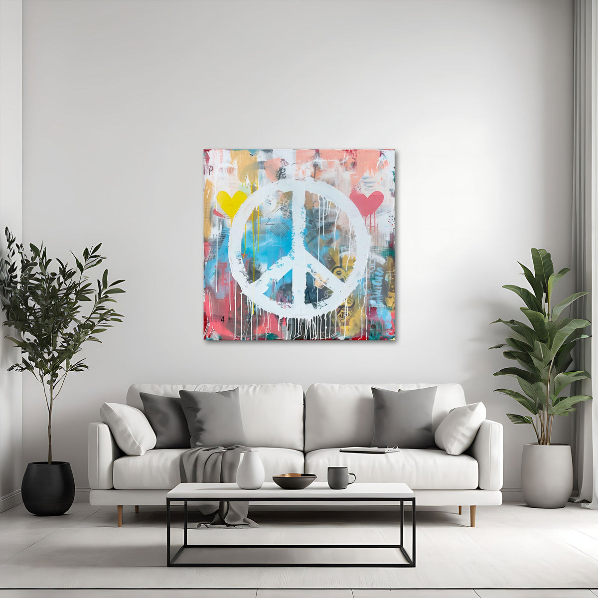 Detailansicht Peace Wandbild mit Farbtropfen und Herzen