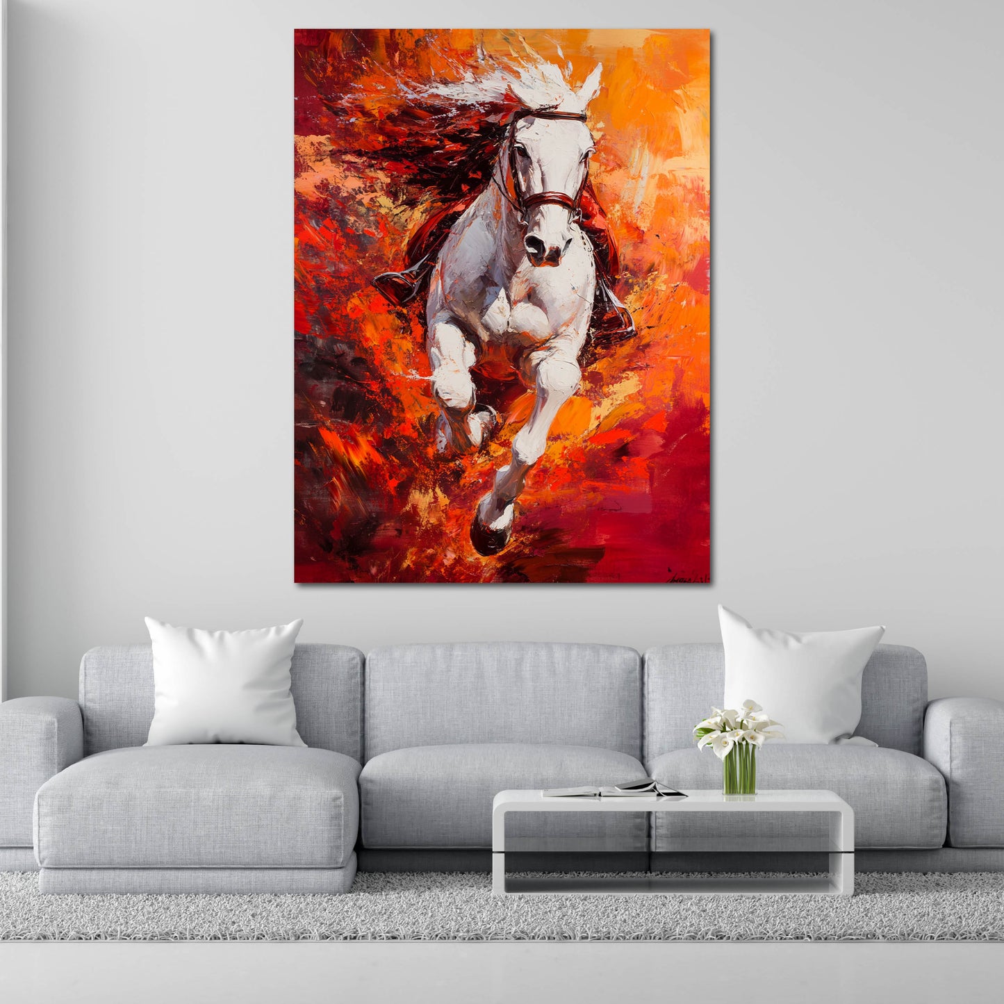 Weißes Pferd Energie Explosion Rot Orange Wandbild
