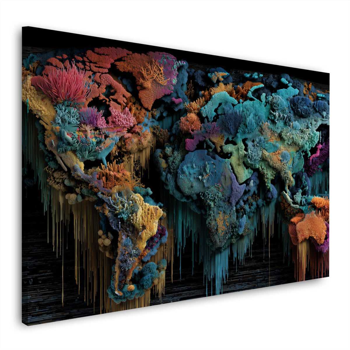 Wandbild Weltkarte aus bunten Korallen mit Farbtropfen auf Leinwand