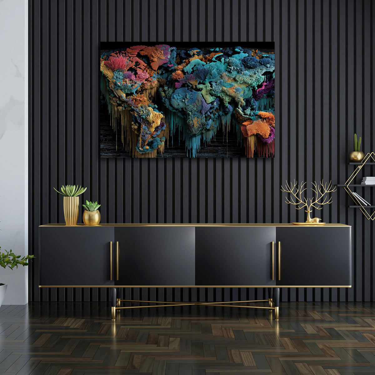 Weltkarte Wandbild in Petrol und Orange über dem Schreibtisch im Büro