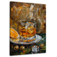 Stillleben Wandbild mit Whiskyglas, Eis und Orangenscheibe