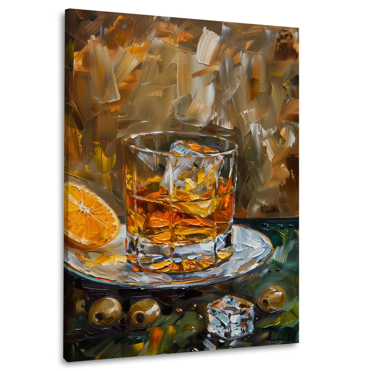 Stillleben Wandbild mit Whiskyglas, Eis und Orangenscheibe