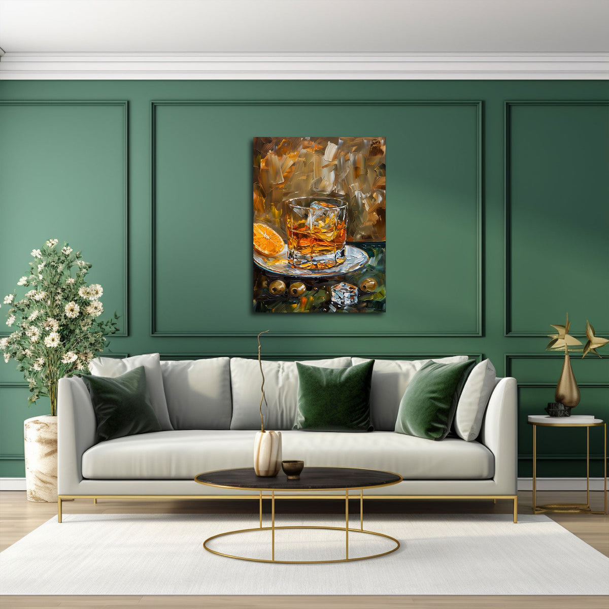 Whiskyglas Wandbild über dem Sideboard im Wohnzimmer
