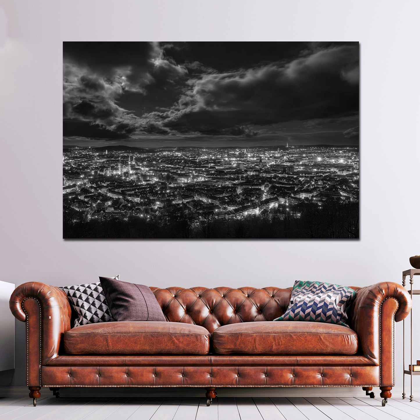 Wiesbaden Skyline schwarz weiß bei Nacht Stadtlichter Wandbild