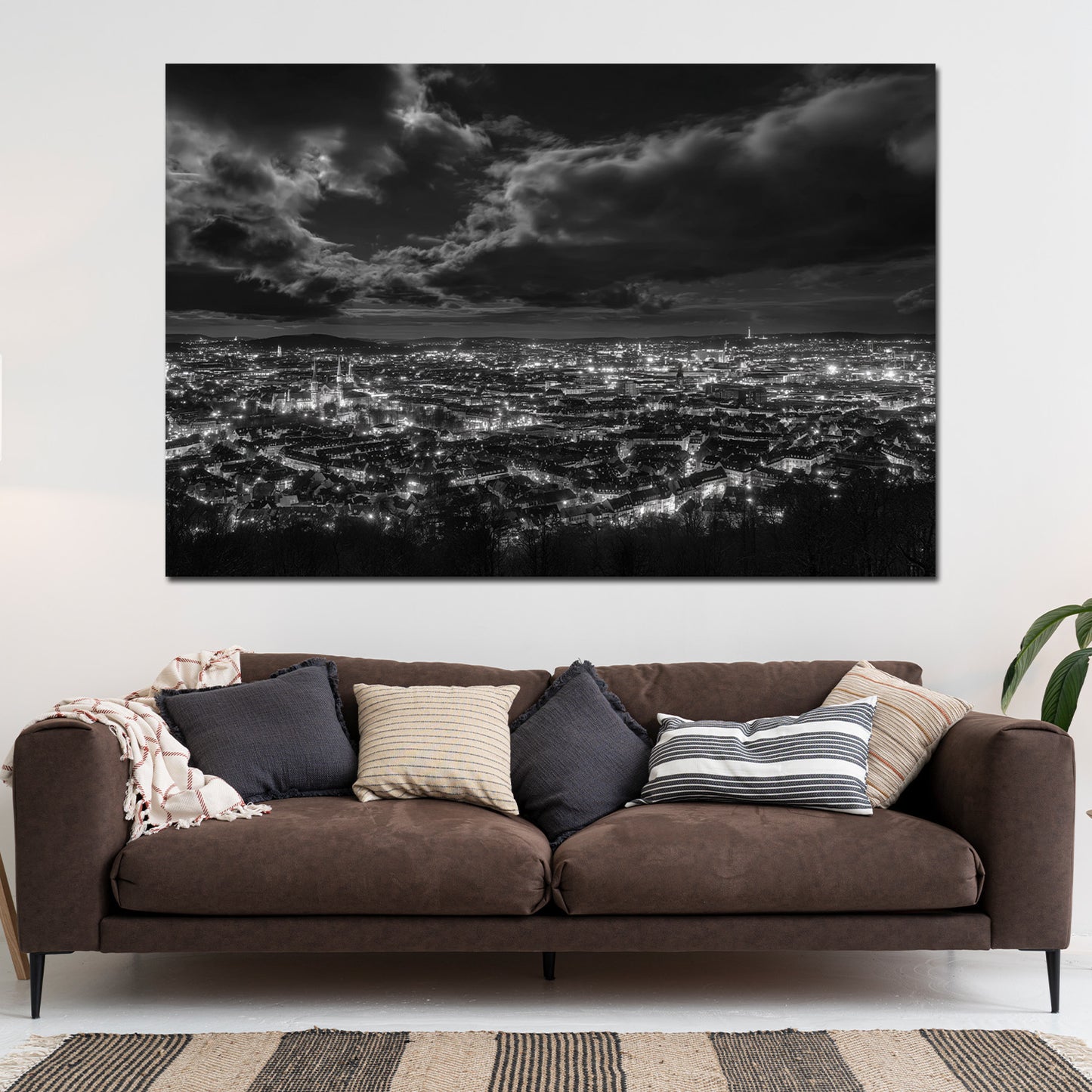 Wiesbaden Skyline schwarz weiß bei Nacht Stadtlichter Wandbild