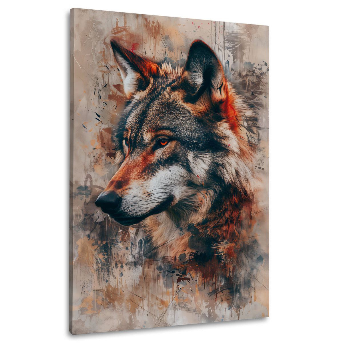 Wandbild Wolfsporträt im Profil mit Farbspritzern im Vintage Look auf Leinwand