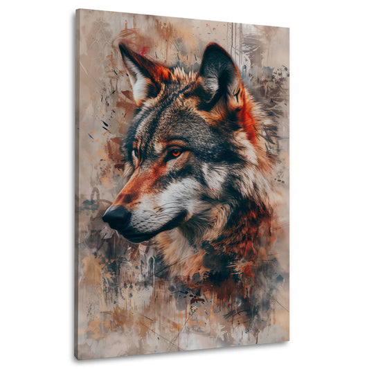 Wandbild Wolfsporträt im Profil mit Farbspritzern im Vintage Look auf Leinwand
