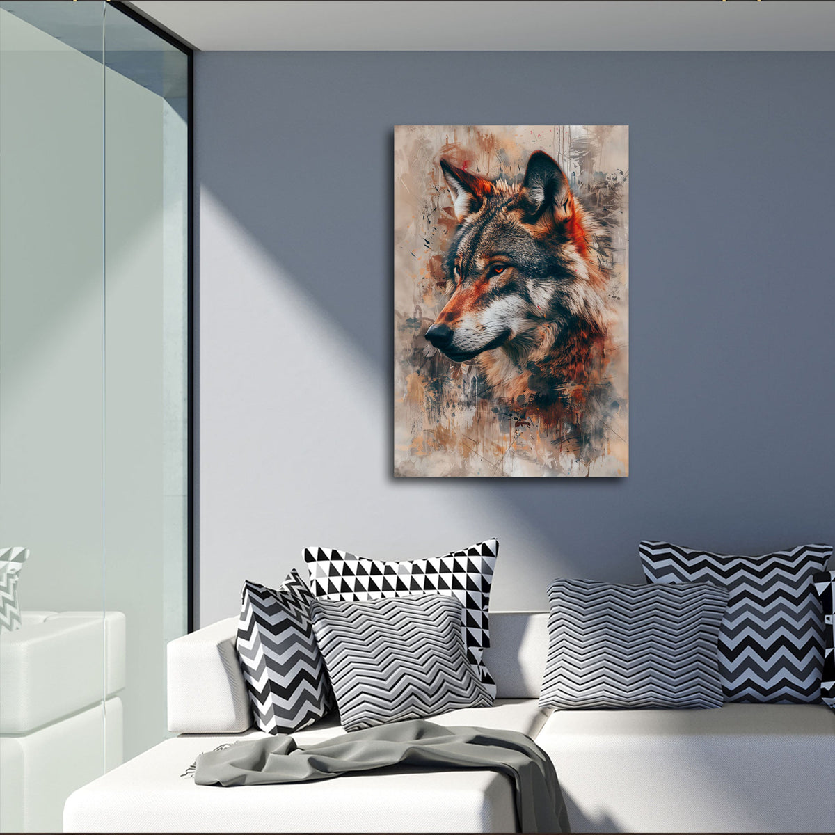 Wolf Wandbild im Hochformat über dem Sideboard im Wohnraum