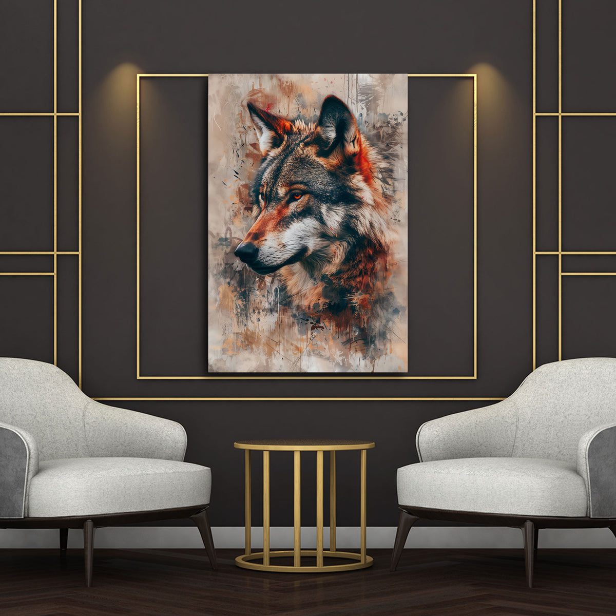Detailansicht Wolf Wandbild mit Fellzeichnung und Farbspritzern