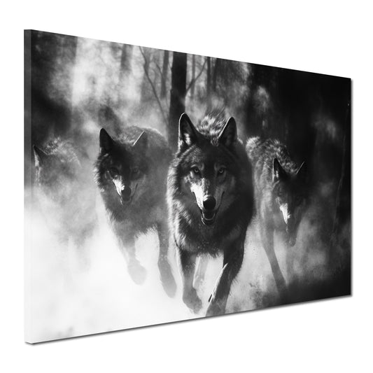 Wolfsrudel im Lauf düsterer Wald schwarz weiß Wandbild