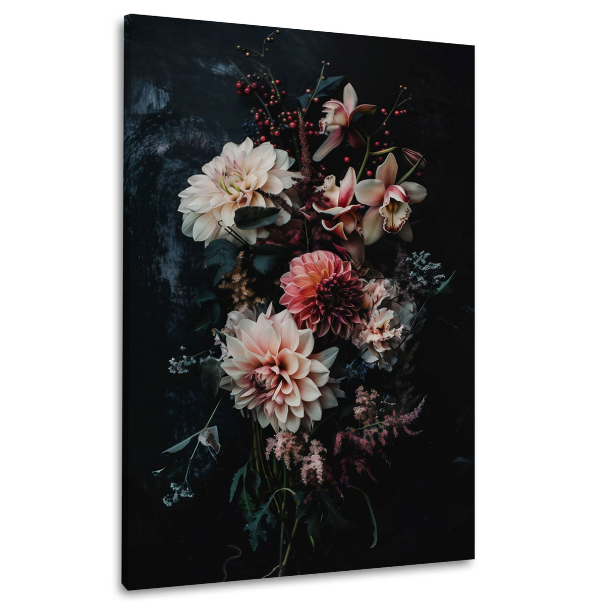 Wandbild zarte Blüten in Creme und Koralle vor Schwarz