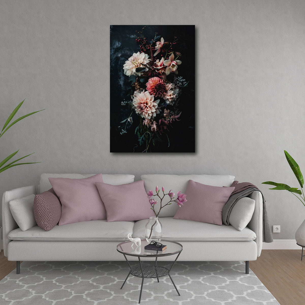 Detailansicht Blumen Wandbild mit Dahlien, Orchideen und Beeren