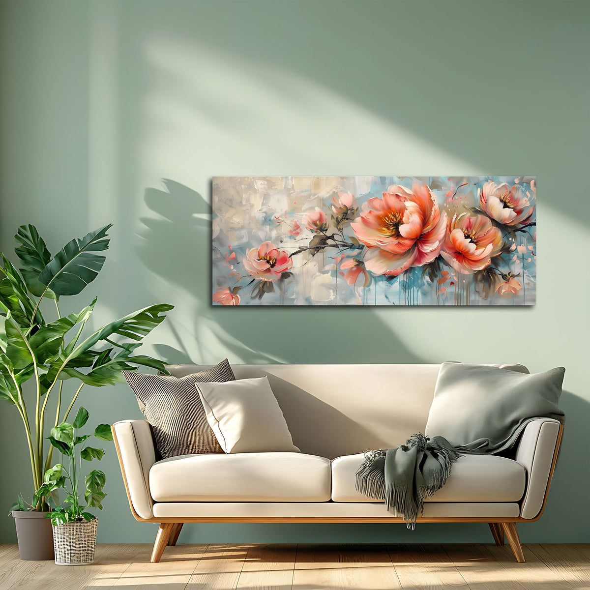 Rosa Blüten Wandbild im Panoramaformat über dem Sofa im Wohnzimmer