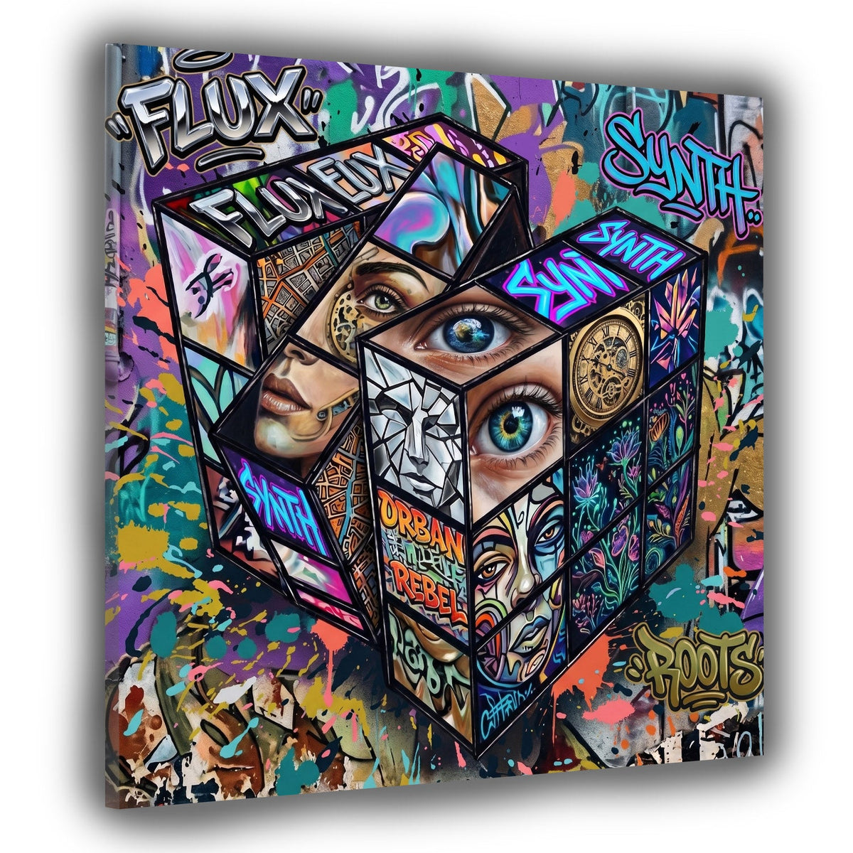 Wandbild Zauberwürfel mit Frauengesichtern im Pop Art Stil