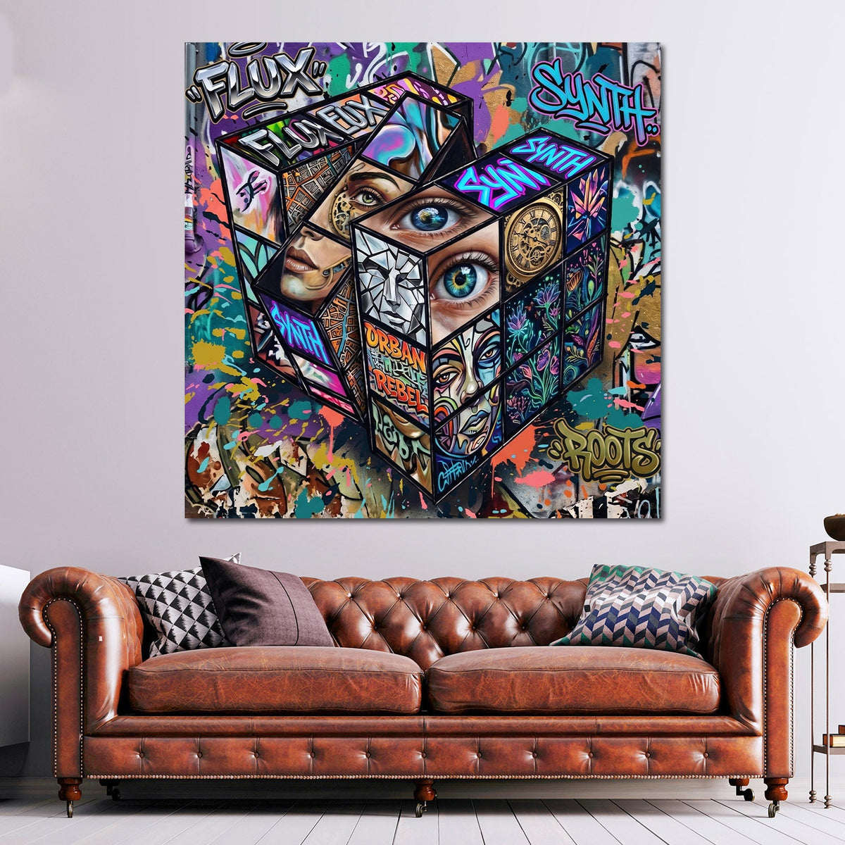 Quadratisches Pop Art Wandbild im Wohnraum